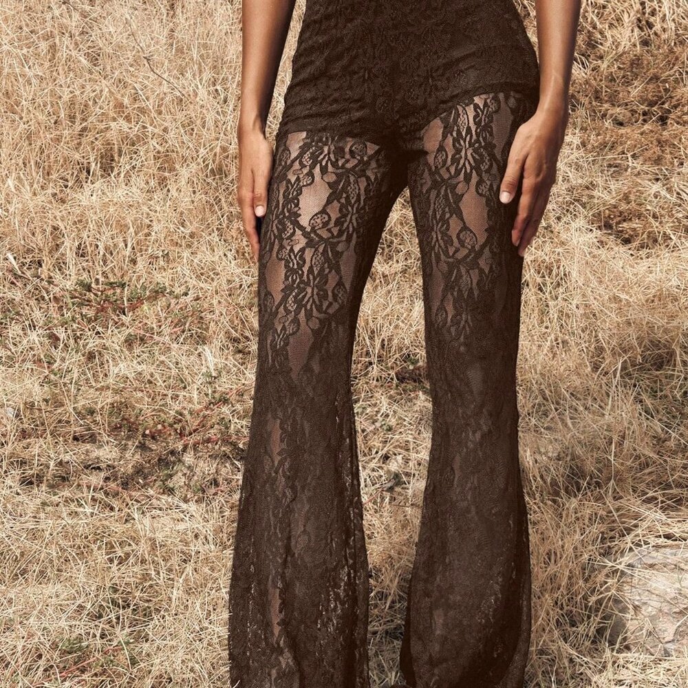 Coffee Brown Sexy Women's High Waist Flare Lace Pants - Picture 5 of 6